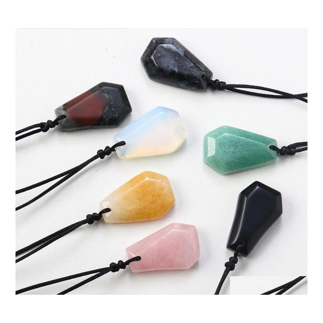 

car dvr Pendant Necklaces Natural Stone Geometric Coffin Shape Quartz Agates Healing Crystal Tiger Eye Amethyst Charms Chakra Necklace Jewel Dhvlx