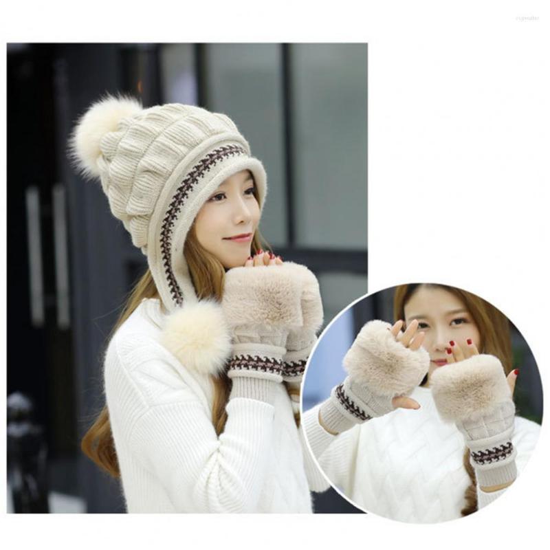 

Berets 2Pcs/Set Woolen Yarn Hat Gloves Simple Windproof Fingerless For Outdoor Knitted Ladies, White