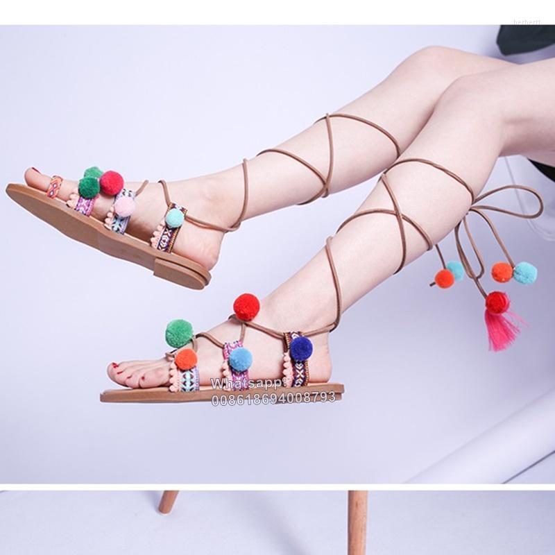 

Sandals Moriama Snc Mixed Color Lace Up Small Furry Ball Decor Flat With Shoes Summer Fashion Strappy Cross Tied Women