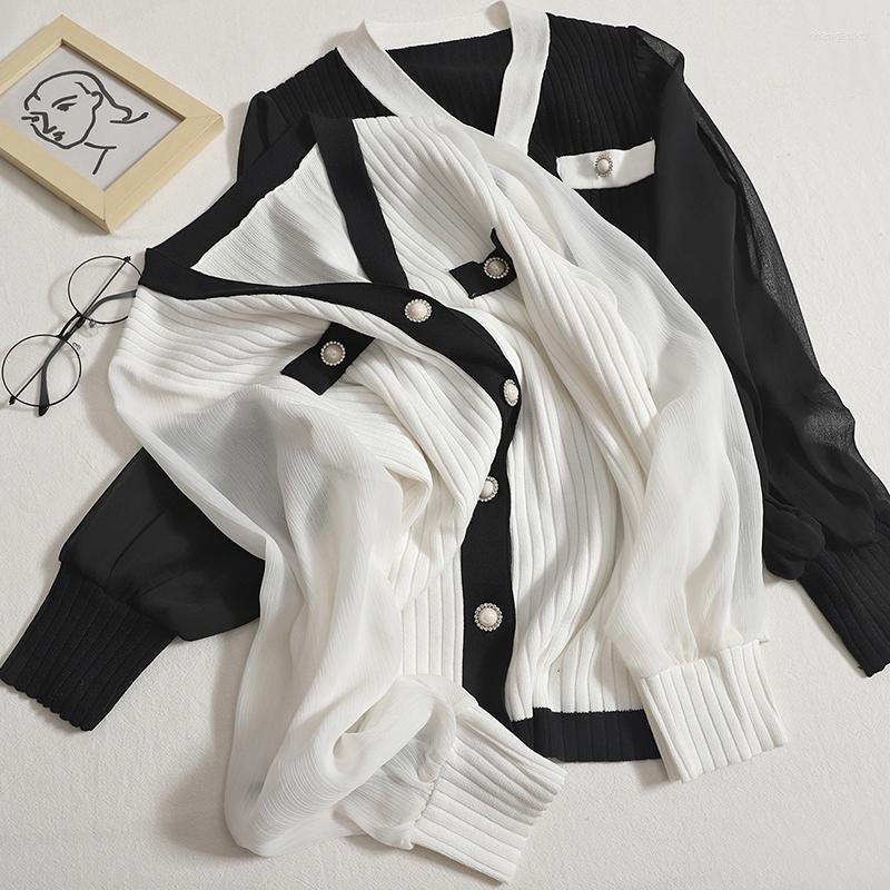 

Women's Knits Hikigawa Chic Fashion Women Early Autumn Elegant V Neck Contrast Color Sweater Thin Knit Chiffon Long Sleeve Fake 2Pcs Top, Black