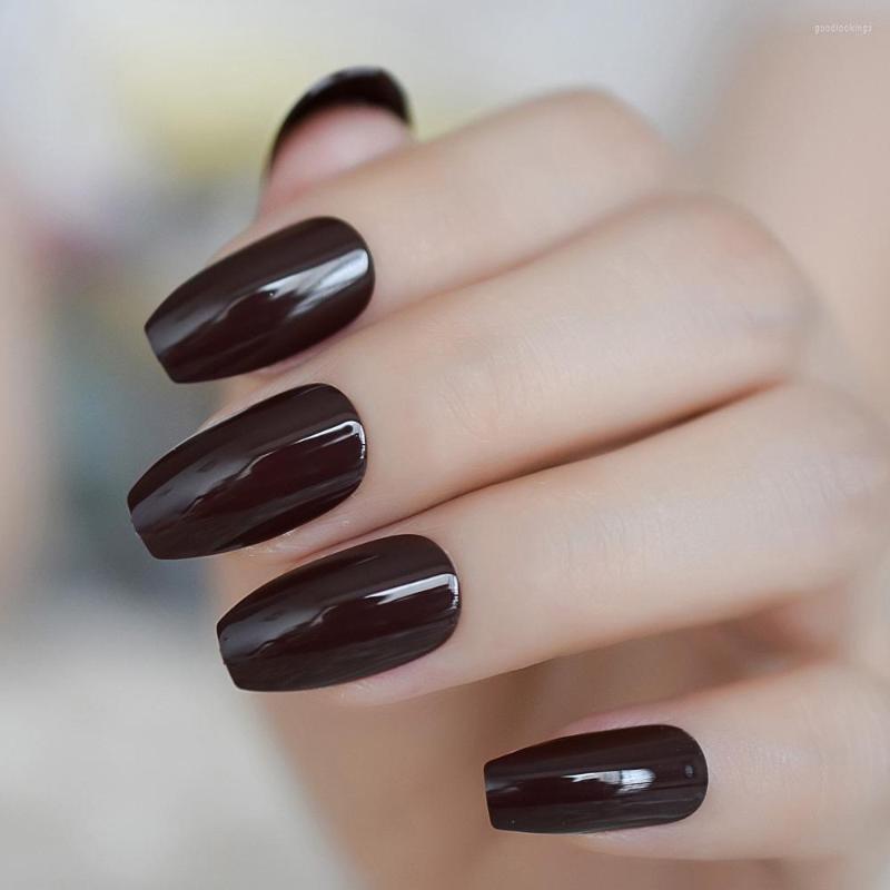 

False Nails Solid Color Gel Fake Loving Chocolate Ballerina Shiny Brown Press On, Z984