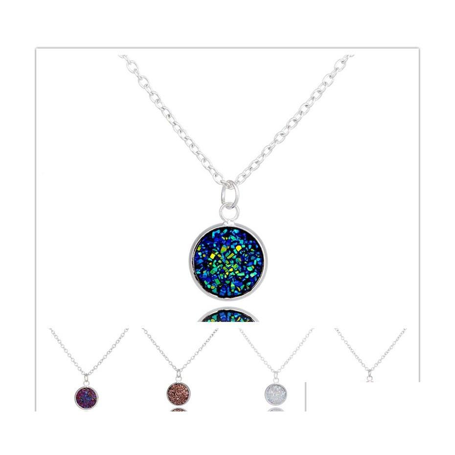 

car dvr Pendant Necklaces Fashion Drusy Druzy Necklace 12Mm Faux Stone Gold Plated Rainbow Sequins For Women Lady Jewelry Drop Delivery Penda Dhi2K