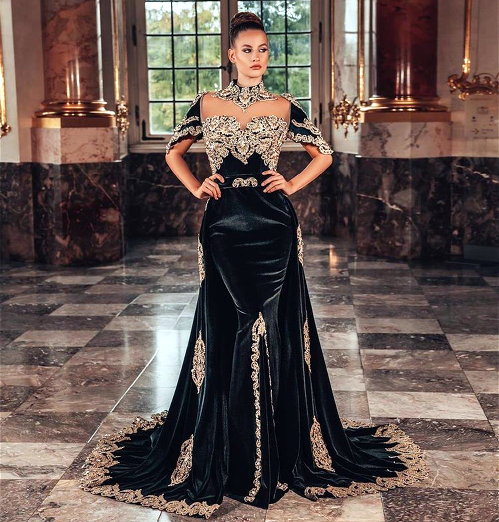

2023 Elegant Arabic Kaftan Mermaid Evening Dresses Black Formal Party Gowns With Detachable Overskirt High Neck Gold Lace Long Dubai Moroccan Caftan Prom Dress, Same as picture