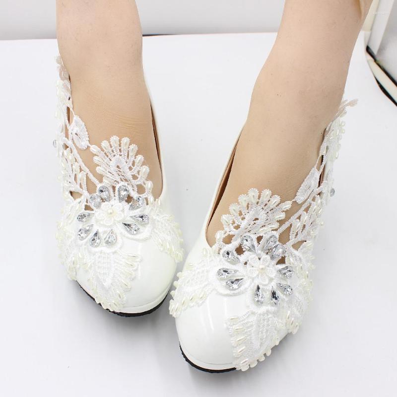 

Dress Shoes High Heel Lace Lady's Wedding White Round Head Bridal Large Size Women's Waterproof Platform 1cm BH2108, 8 cm high heel