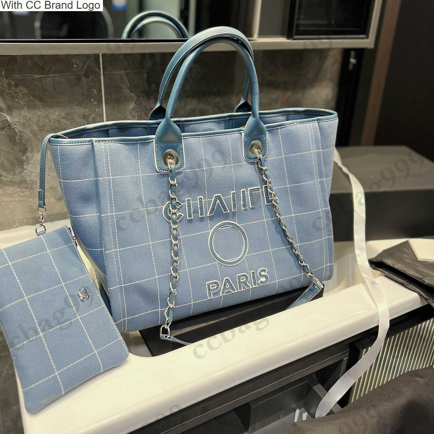 

CC Brand Totes Women Beach Large Capacity Shopping Totes Bag Top Handle Silver Hardware Chain Plaid Quilted Crossbody With Coins Purse Designer Outdoor Vacation, Blue