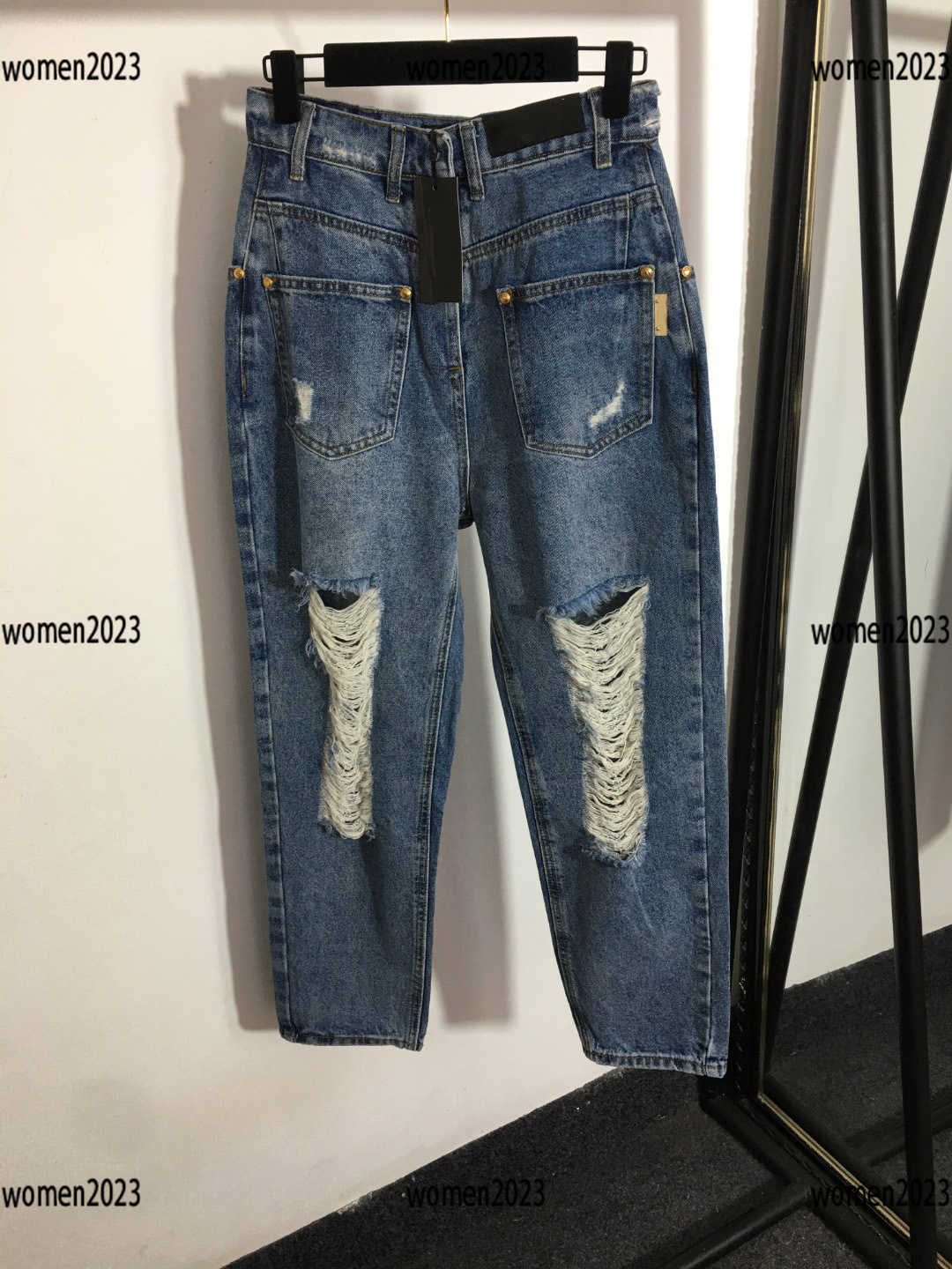 

women jeans lady trousers girl pants Size -L High waist design with holes New Products comfortable fashion Feb23, Blue
