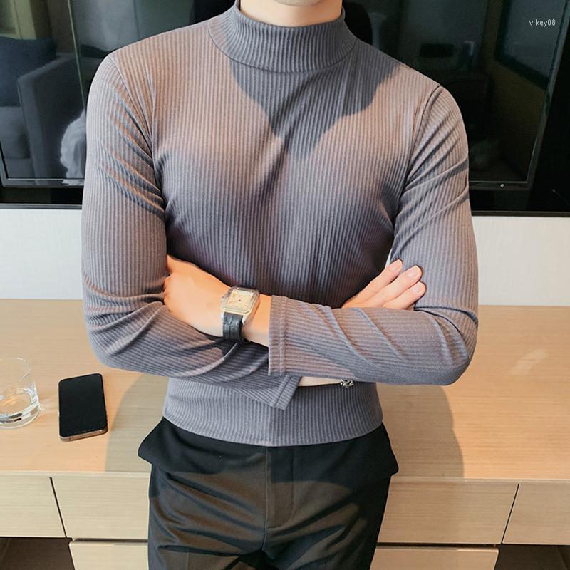 

Men's T Shirts Korean Fashion Half Turtleneck Design Bottom Casual High Elastic Slim Fit Striped Long Sleeved Shirt, Black