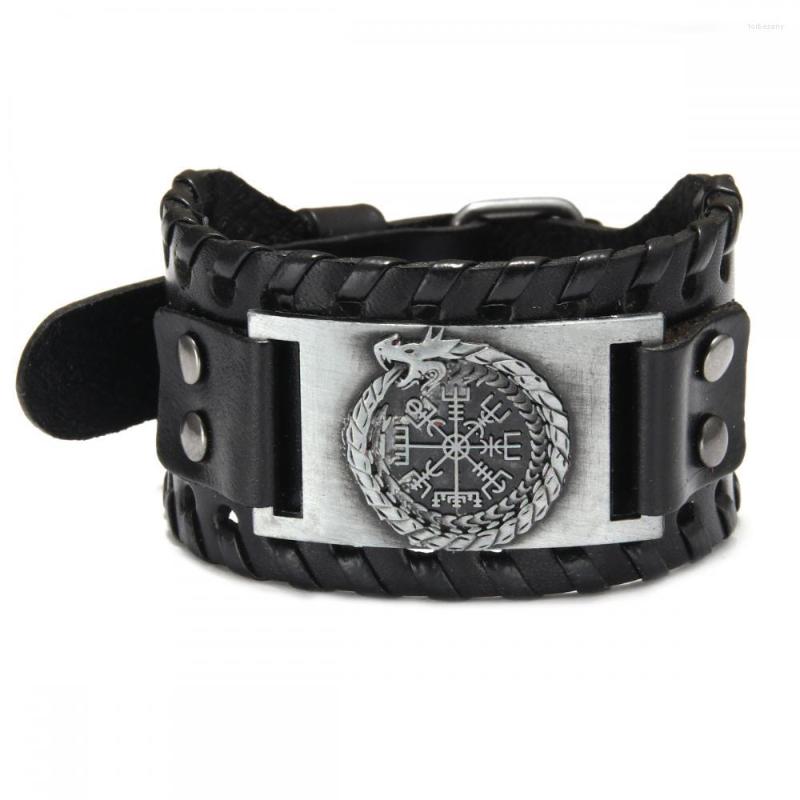 

Charm Bracelets Vintage Ouroboros Viking Compass Wide Edition Leather Bracelet Men's Fashion Hip Hop Punk Jewelry Accessories