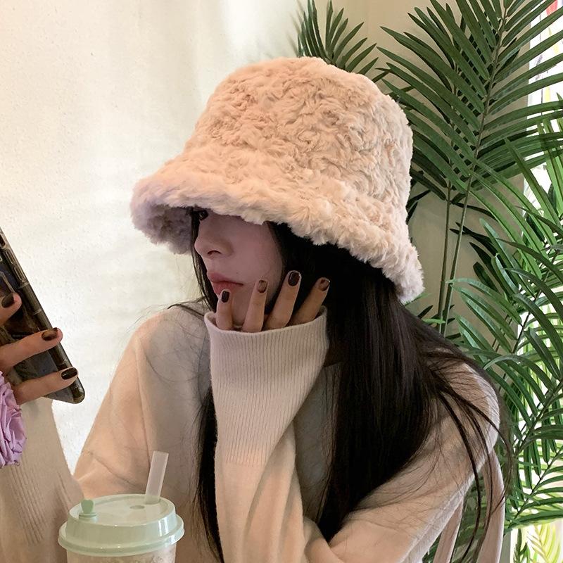 

Stingy Brim Hats Bucket Hat Female Autumn/winter Plush Beige Fisherman Solid Color Thickened Warm Ear Cup For Women, Black