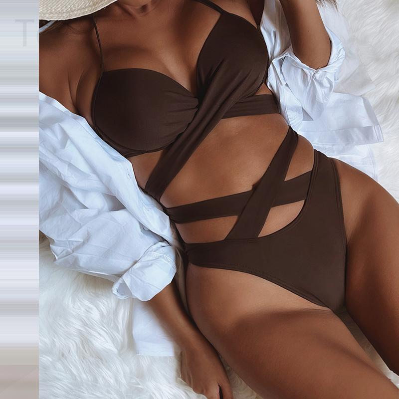 

Women' Swimwear 2023 Summer Black Bikini Set Single Sexy Split Swimsuit High Waist Strap Bandage 2 Piece Women, Brown