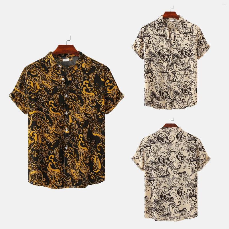 

Men's T Shirts Men's Fashion Casual Tops Shirt Large Size Lapel Button Blouse Short Sleeve Vintage Printed Overshirt Holiday, Beige