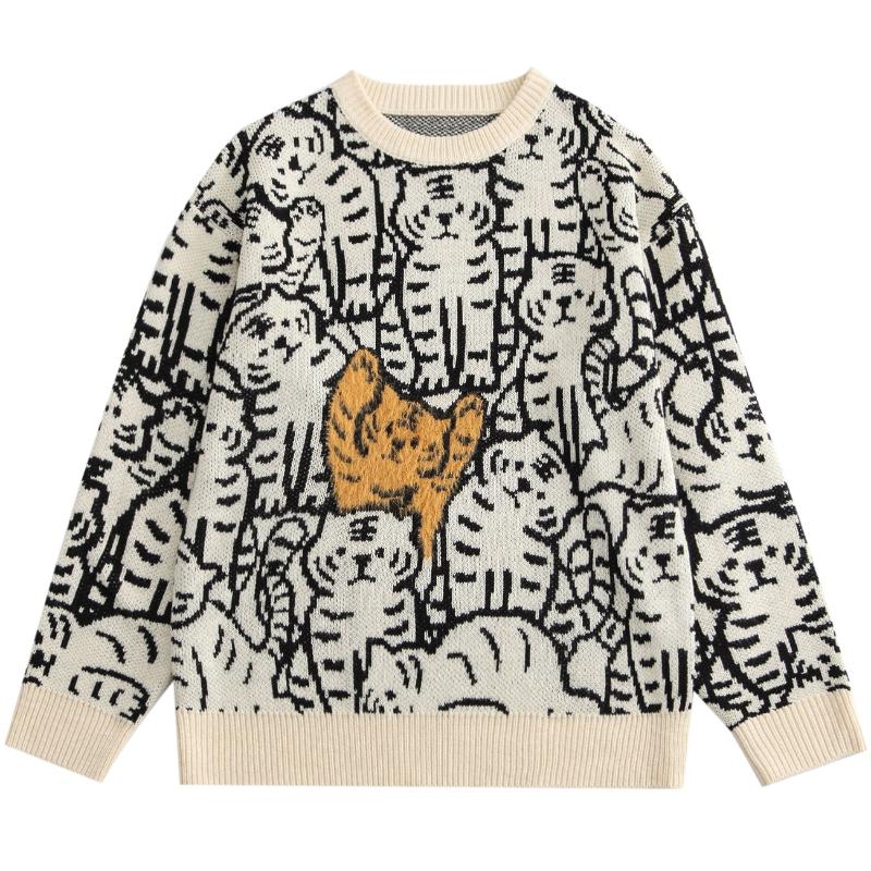 

Men's Sweaters Harajuku Vintage Streetwear Men Pullover Cartoon Tiger Pattern Knitted Jumpers 2023 Autumn Couple Casual Loose Tops MenMen's, Beige