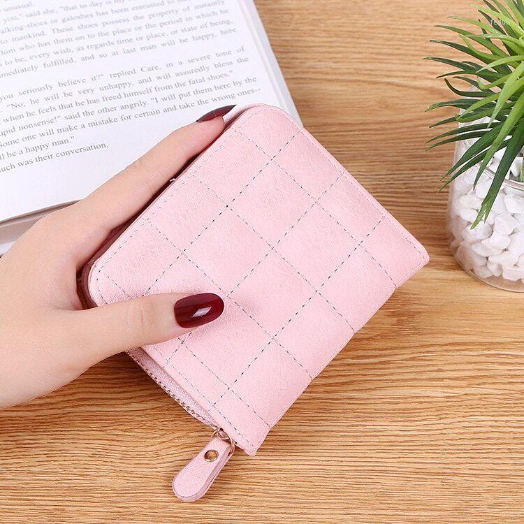 

Wallets Women Plaid Purses Short PU Leather Card Holder Wallet Zipper Retro Change Bag Multi Slot, Beige