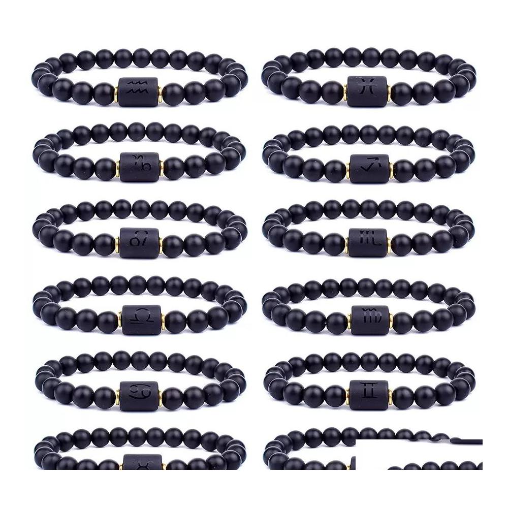 

car dvr Beaded Strands 12 Constellation Bracelets Men Black Stone Bead Bracelet Star Sign Zodiac Horoscope Lover Couple Friendship Jewelry Dhg0M