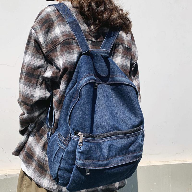 

Backpack Multifunction High Quality Denim Korean Style Blue School Bag Student Shoulder Teenage Girls Men Laptop Backpacks, Dark blue