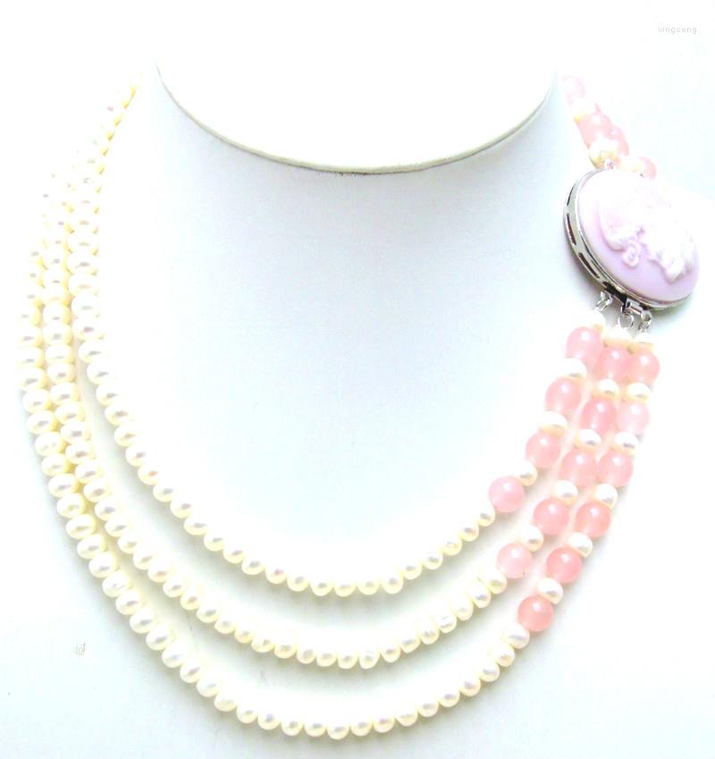 

Choker Qingmos White Natural Freshwater Pearl Necklace For Women With 6-7mm Flat Round 3 Strand Chokers 17" Jewelry 5199