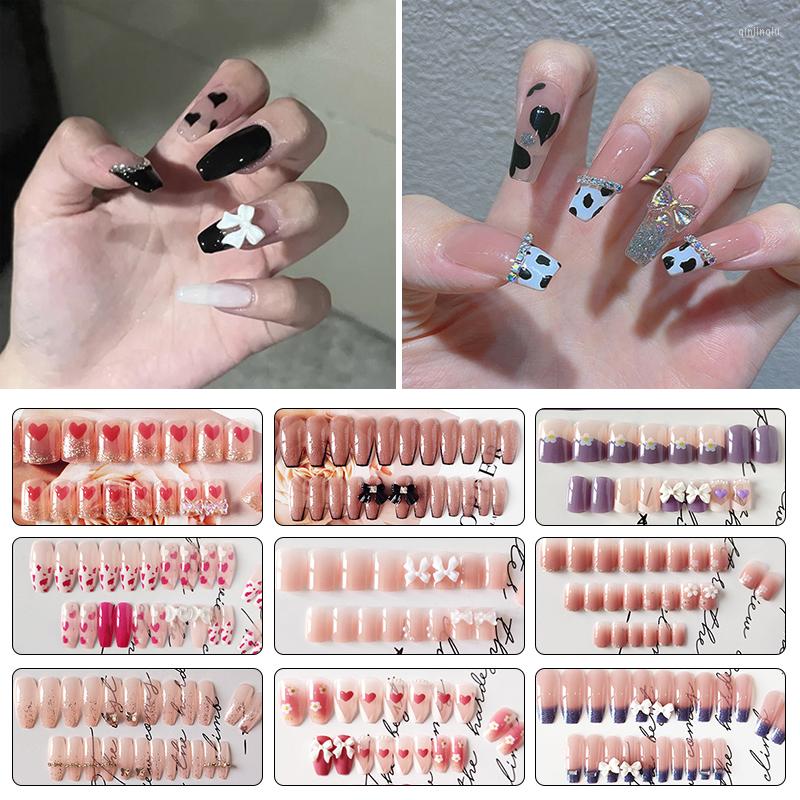 

False Nails 24pcs Detachable Stick-on 3D Bow Pearl Rhinestones French Square Full Cover Press On Nail Fake Tips, Seashell