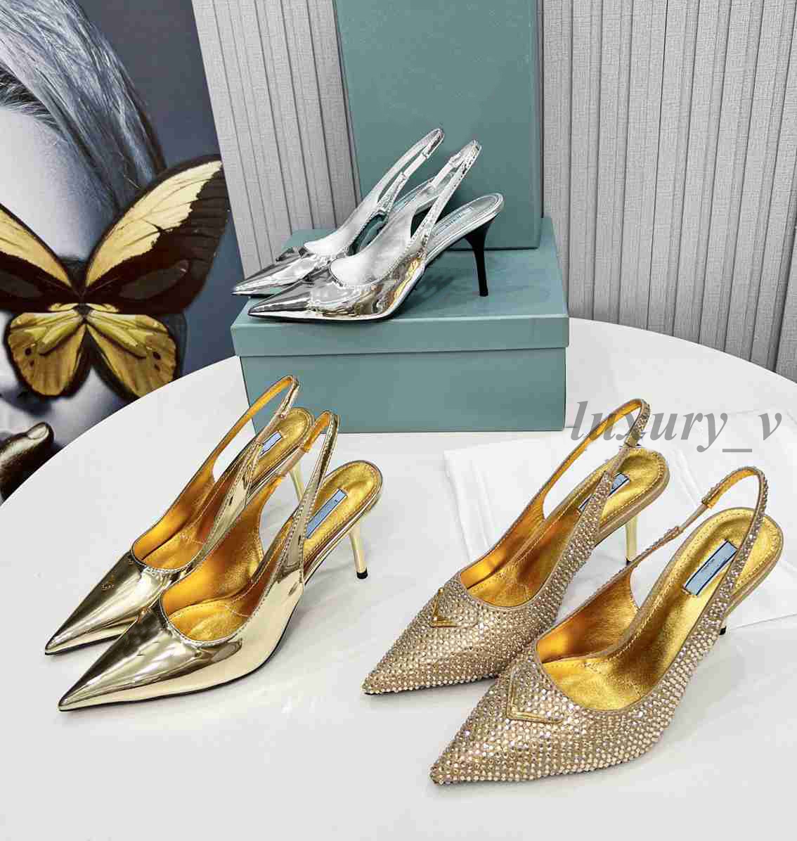 

Designer Dress Shoes Women High Heels Patent Leather Ankle Strap Sandals Pointed Toes Rhinestone Shoes Luxury Golden Silver Slip-on Pumps, Color 1