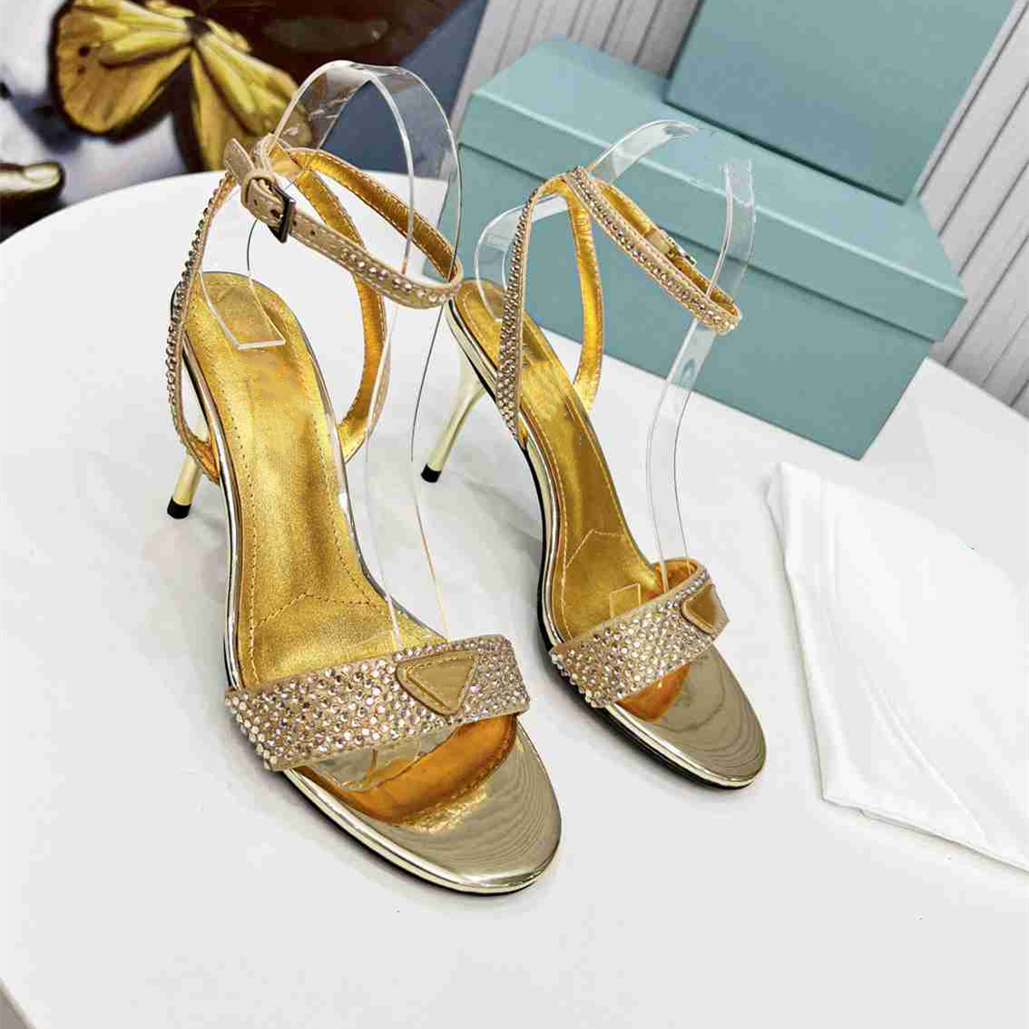 

Luxury Design Sandals 2023 Fashion Pradity Women Summer High Heels Leather Cross Lace up Student Casual Slippers 02-0014