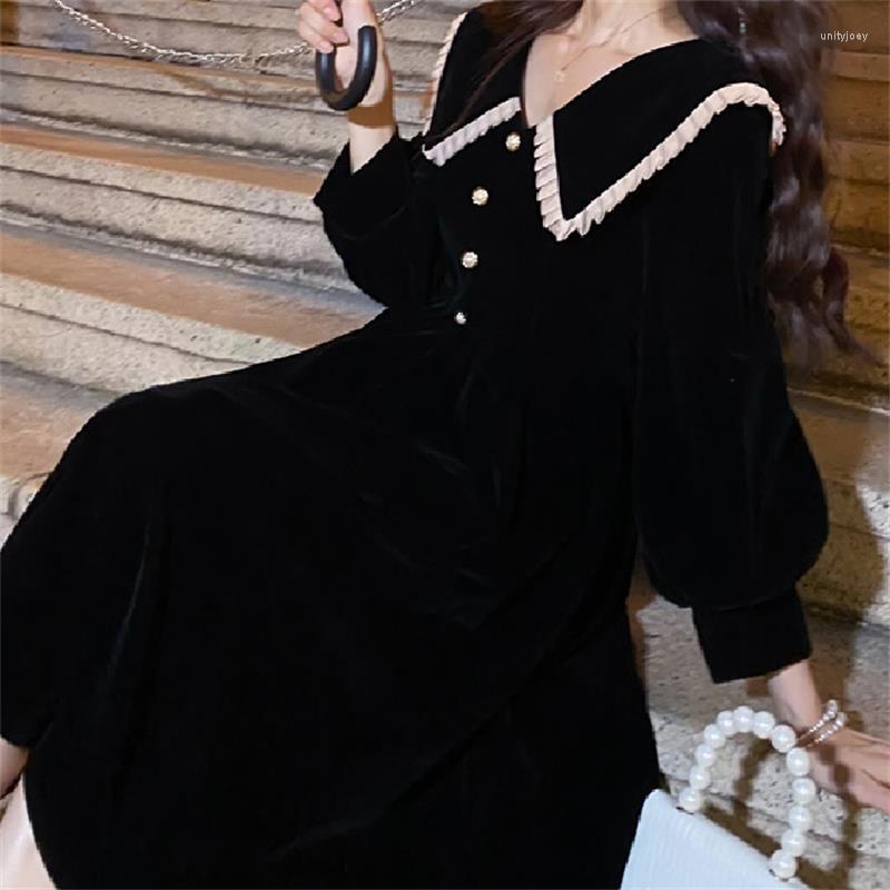 

Casual Dresses French Vintage Dress For Women Elegant Classy Aesthetic Party Doll Collar Female Autumn Long Sleeve A Line Robe Black Chic
