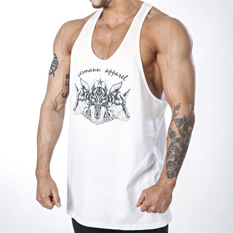 

Men's TShirts Jogger Gym Bodybuilding Sports Vest Summer Cotton Printed Casual Top Fashion Fitness Men 230227, White