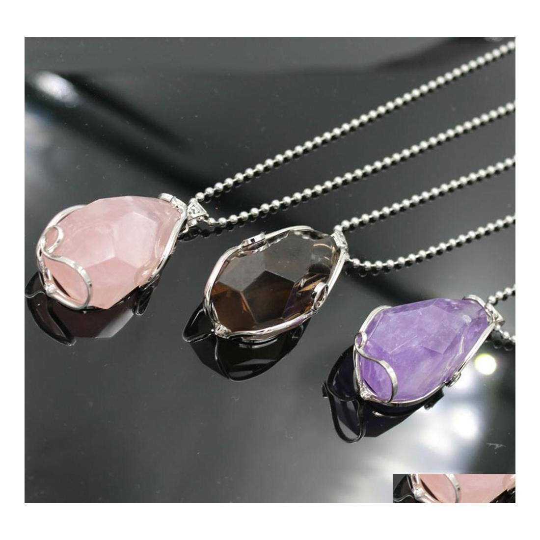 

car dvr Pendant Necklaces Sier Plated Wire Wrap Irregar Necklace Cut Gemstone Healing Energy Natural Crystal Amethyst Powder Tea Drop Delive Dhk64