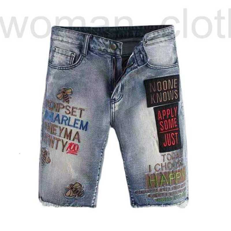 

Men's Jeans Designer Summer Embroidered Denim Shorts men's personalized raw edge light blue flower pattern slim straight hole pants KGTX, Light blue 312