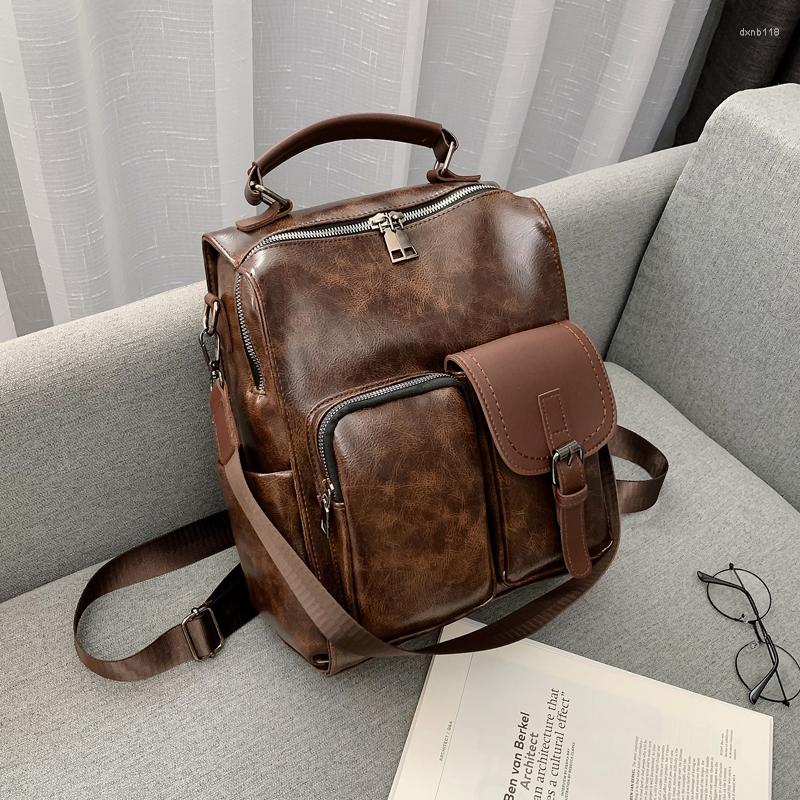 

School Bags Women's Backpack Fashion Vintage Texture Pu Leather Bag Korean Style Large Capacity Backpacks Luxury Female Shoulder, Black