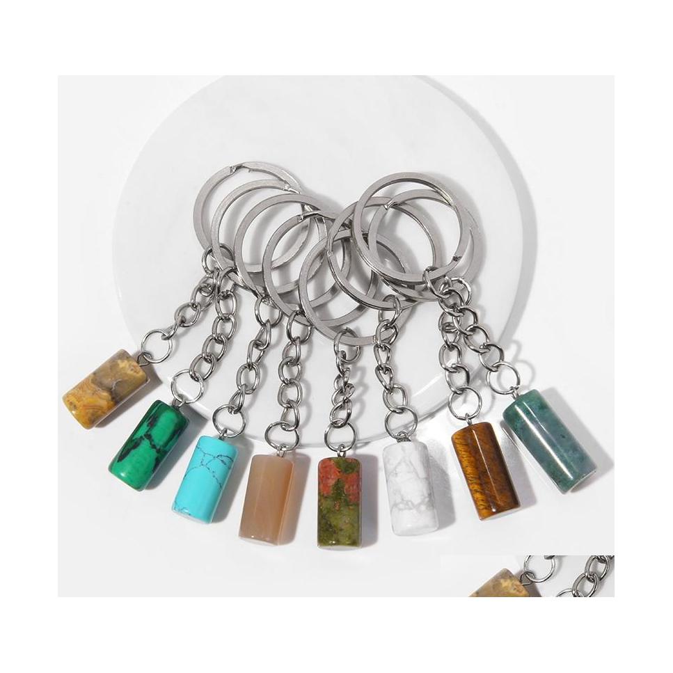 

car dvr Key Rings Cylinder Natural Stone Keychain Agates Pendant Ring For Women Men Car Holder Handbag Hangle Accessories Jewelry Drop Delive Dhcij
