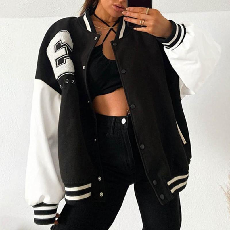 

Women' Jackets Autumn Vintage Streetwear Baseball Uniform Style Oversized Women Coats Loose Student Fashion Sports Bomber Outwear#g3, Black