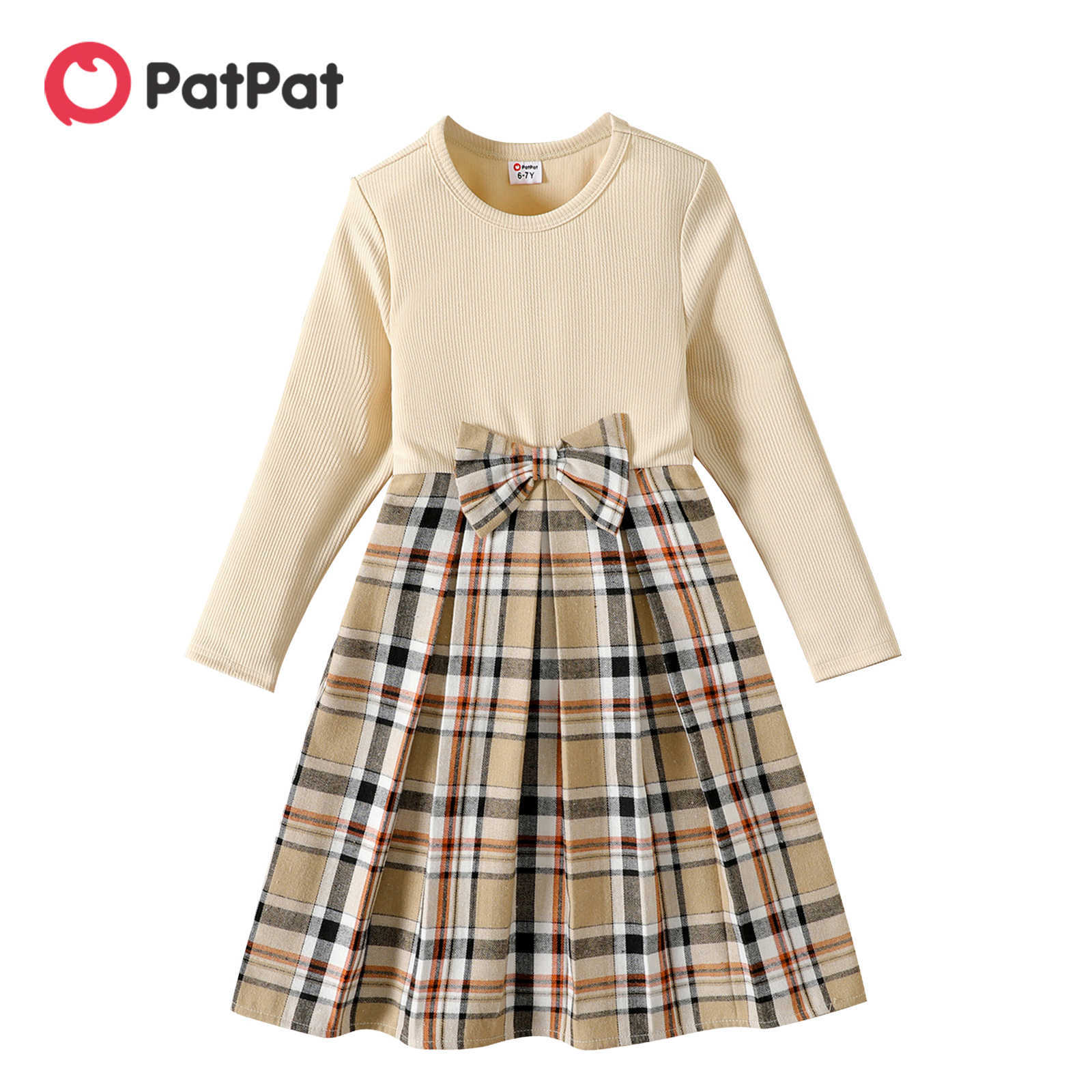 

Girl's Dresses Kid Girl Dress Bowknot Design Ribbed Plaid Splice Long-sleeve Girls Dress Kids Dresses for Girls Clothes L230227, Beige