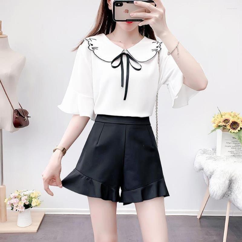 

Women' Tracksuits 2023 Summer Women Shorts Suits Female Short Sleeve Bow Chiffon Shirt Tops And Wide Leg Ladies Two-piece Sets S142, Just tops