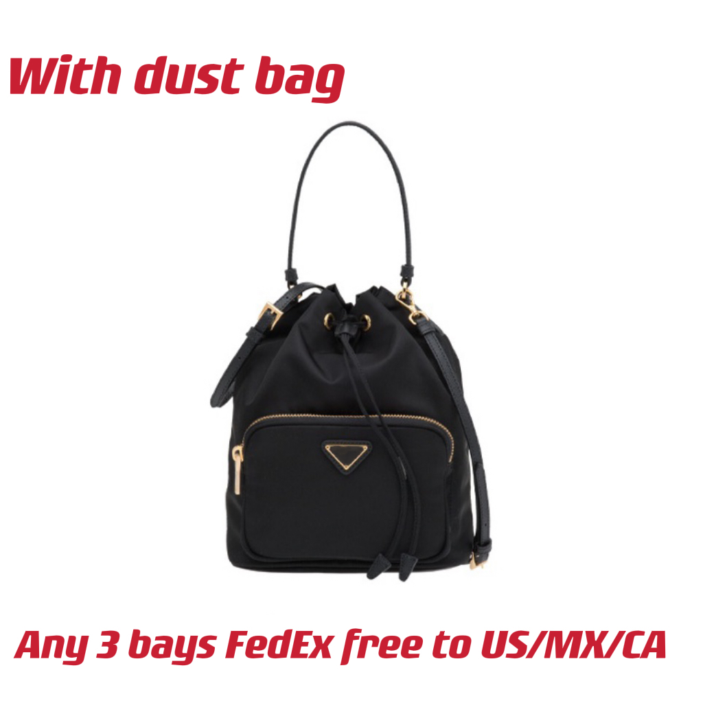 

Duet Re-Nylon Shoulder Bag Lady Designer Black Vintage Bucket Bags Enameled Metal Triangle Logo On The Zipper Pocket Drawstring Closure Tote Gold Hardware