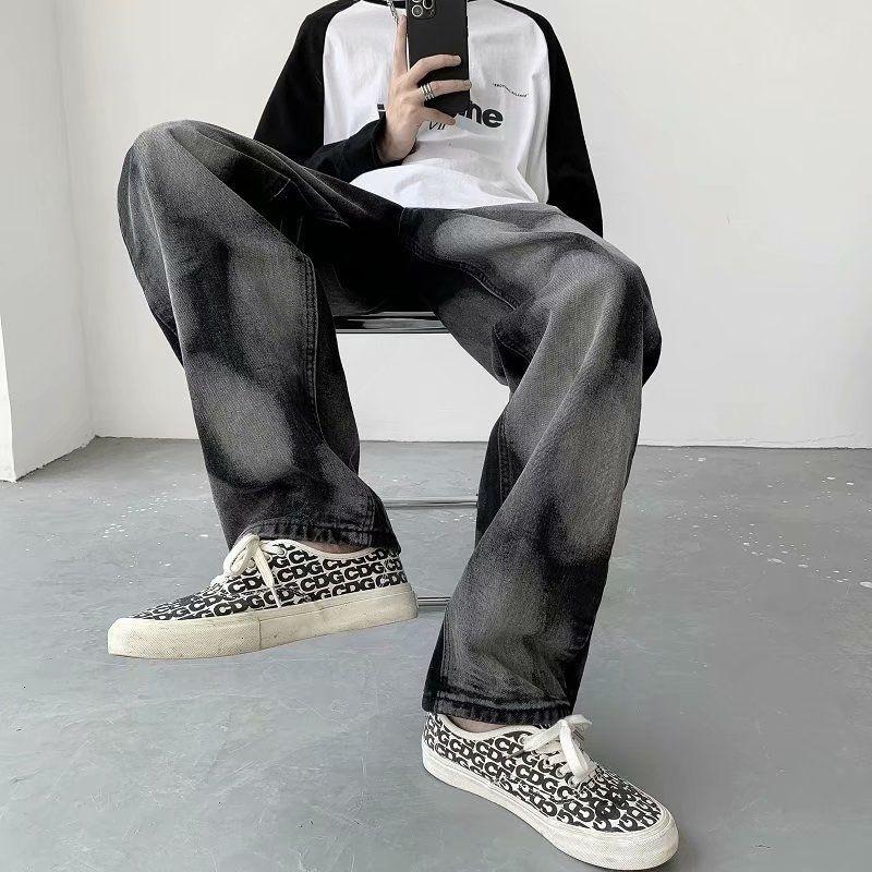 

Men' Jeans Tie-dye Men Korean Style Straight Fashion Loose Casual Streetwear Hip-hop Wide-leg Denim Trousers, Black
