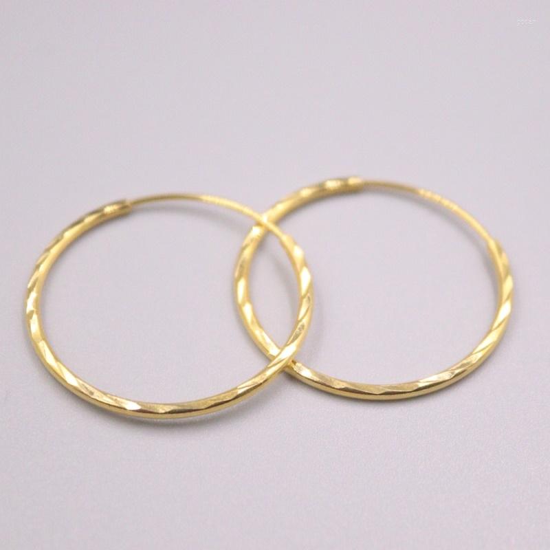 

Hoop Earrings Real Pure 18K Yellow Gold Women Gift Carved Big Circle About 2.3g