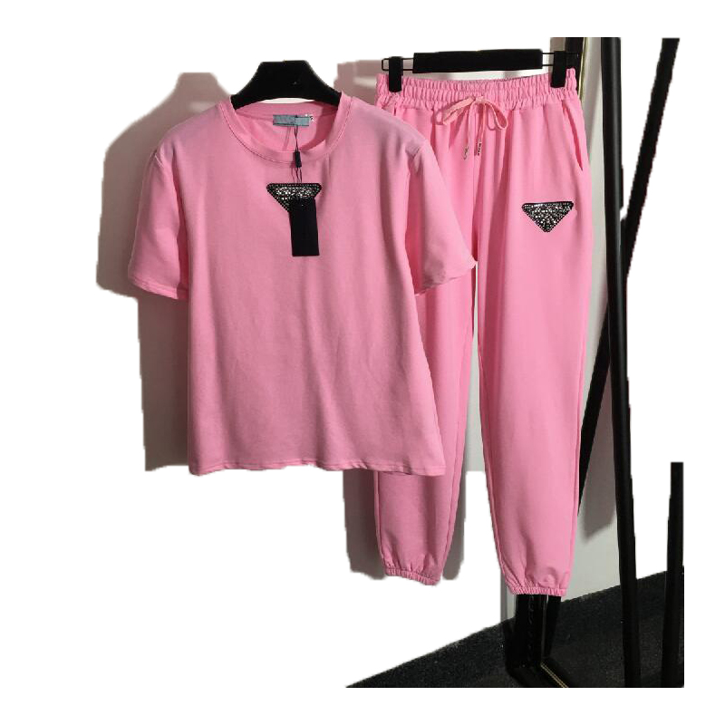 

Designer Fashionable Womens T shirt Trousers Tracksuits Sport swear New Triangle Short Sleeved Spring Short sleeve Sleeved Elastic Waist Casual Sportswear, Pink