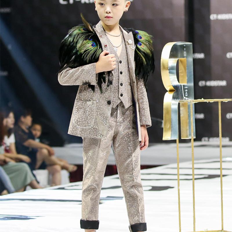 

Men's Suits & Blazers Children Feather Suit Host Boy Cloth Wedding Ring Bearer Uniform Piano Dance CostumeMen's, 3-piece set