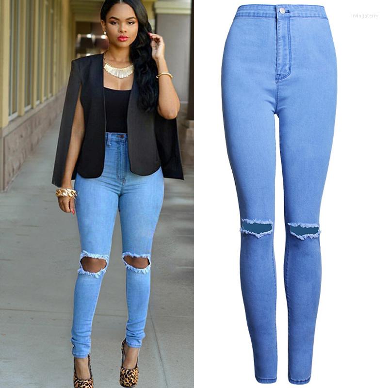 

Women' Jeans Stretch Ripped Women Pencil Pants Slim Knee Cut Big Hole Female Denim Trousers Tight Boyfriend Jeggings Leggings 2XL Blue