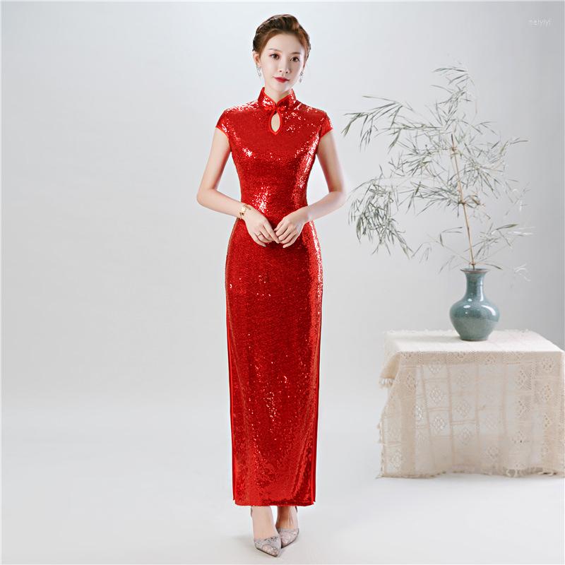 

Ethnic Clothing Red Sequins Long Chinese Dresses Cheongsam Modern Qipao Wedding Traditional Evening Gown Fashion Bride Oriental Style Dress