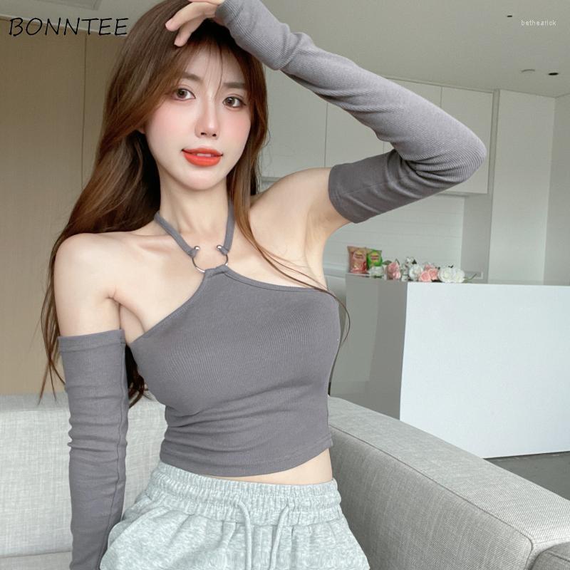 

Women's T Shirts Long Sleeve T-shirts Women Off-shoulder Halter Crop Tops Design Cool Sexy Streetwear Girls Visual Clothing Tees Females, Gray