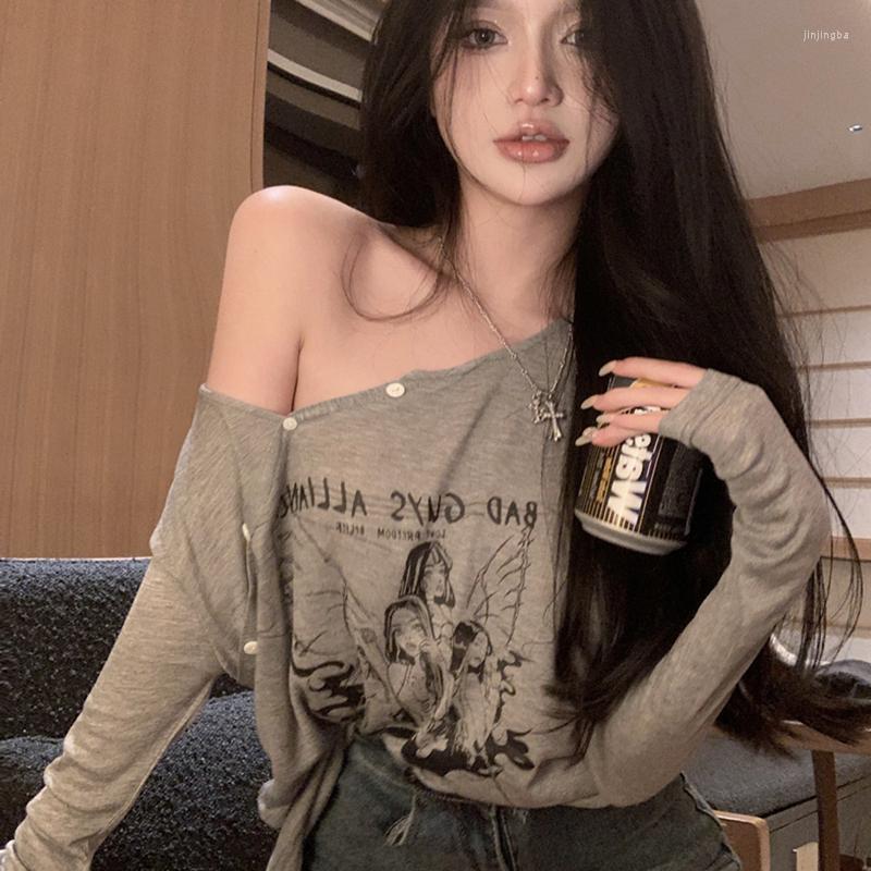 

Women's T Shirts Women Lovely Cartoon Print Loose Shirt 2023 Spring Lady Buttons Collar Sexy Sun Protect T-shirts Mujer Off Shoulder Tshirt, Gray