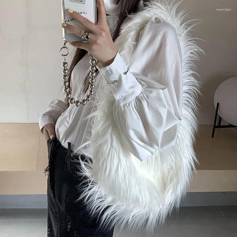 

Evening Bags Trend Faux Fur Handbag For Women Luxury Designer Shoulder Bag Woman Plush Underarm Tote Casual Large Capacity Female, White