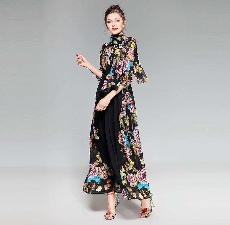 

Casual Dresses 2023 Spring And Summer Three-quarter Sleeve Printed Chiffon Length Women Dress Bohemian Scarves Billowing, Black