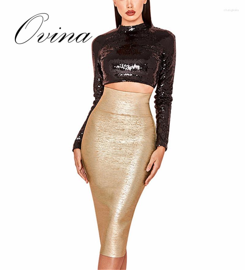 

Skirts High Quality Gold Stamping Women Pencil Over Knee Bodycon Rayon Bandage