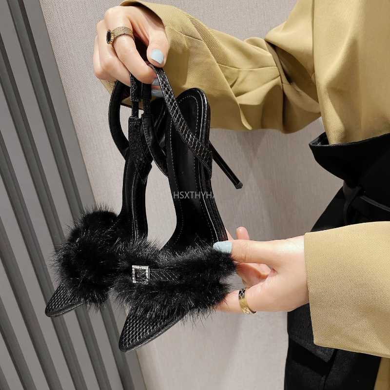 

Sandals 2023 New Slingback Pointed Toe Women Sandals Sexy Faux Fur Nightclub Stripper High Heels Summer Shoes sandalias Z0224, Black