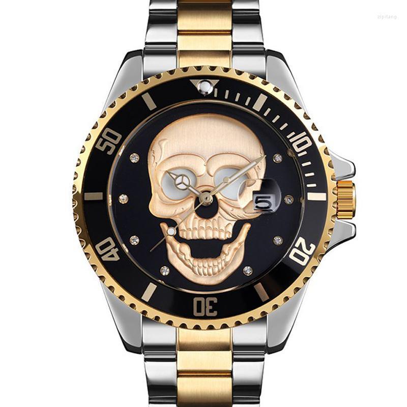 

Wristwatches SKMEI Skull Cacual Quartz Watch Men Watches 3Bar Waterproof 3D Relief Pattern Rhinestone Inlay Stainless Steel Strap, Goldblack
