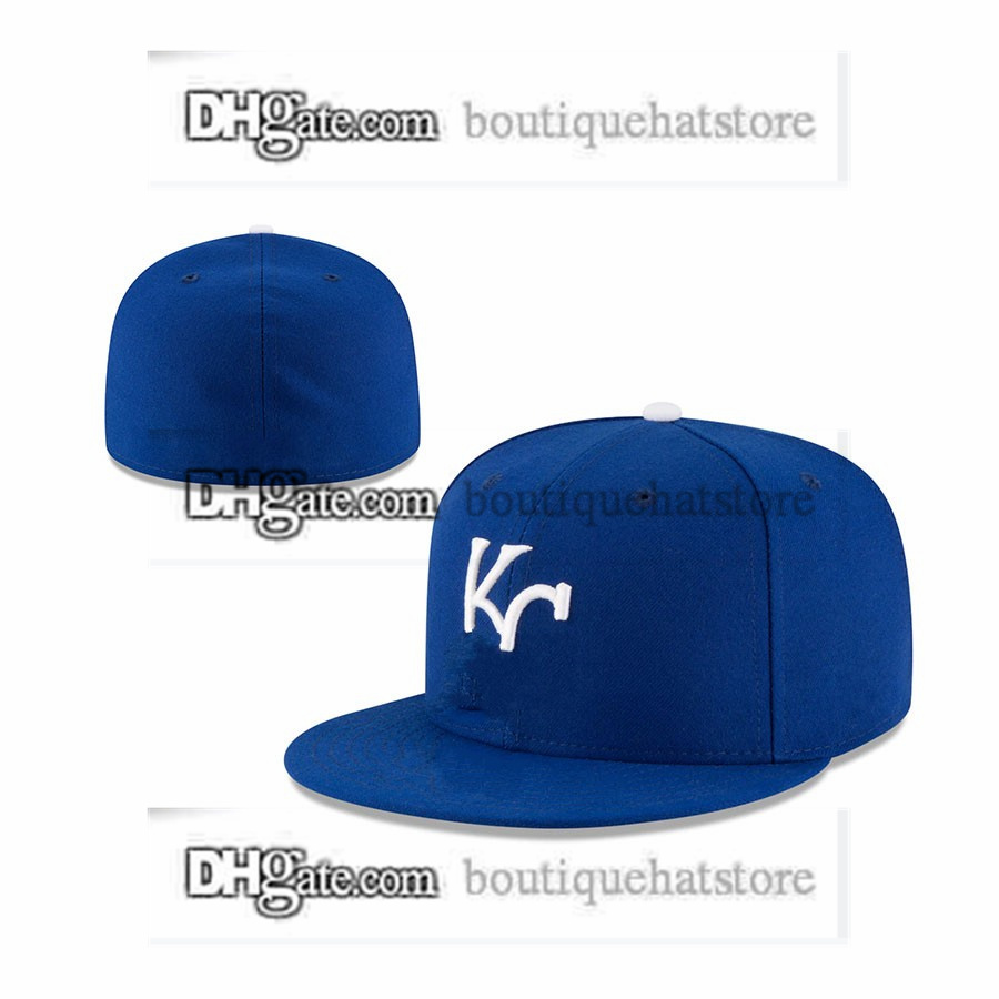 

One Piece Men's Team Basball Fitted Hats Black Navy Blue Red Color " Kansas " KC Flat Sport Full Closed Caps Mix Size 7- 8 For Men and Women