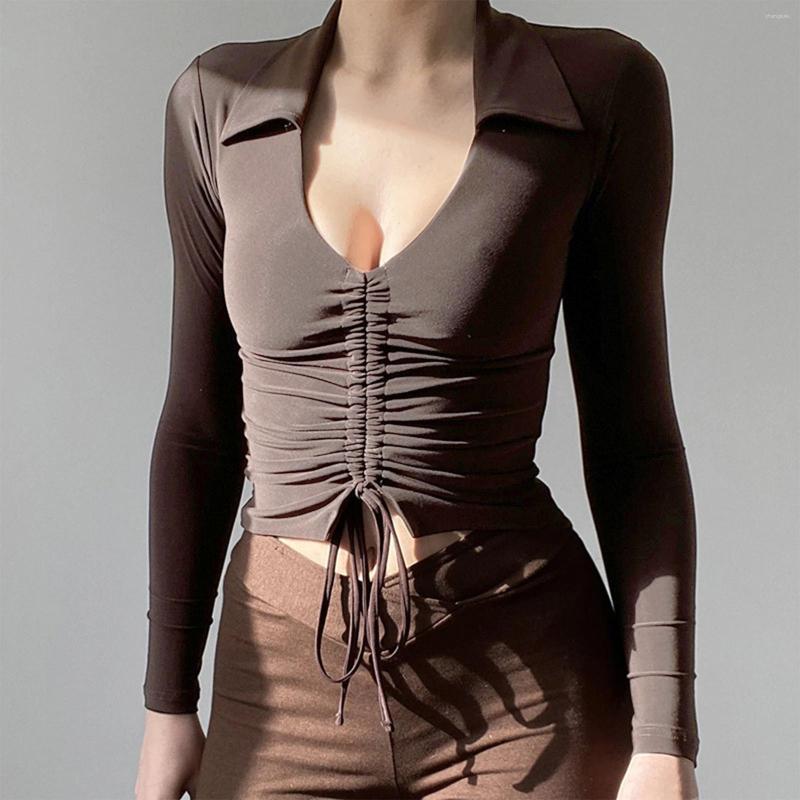 

Women' T Shirts Women Cropped Shirt Long Sleeve Lapel Neck Drawstring Solid Color Casual Party Fall Spring Tops, Black