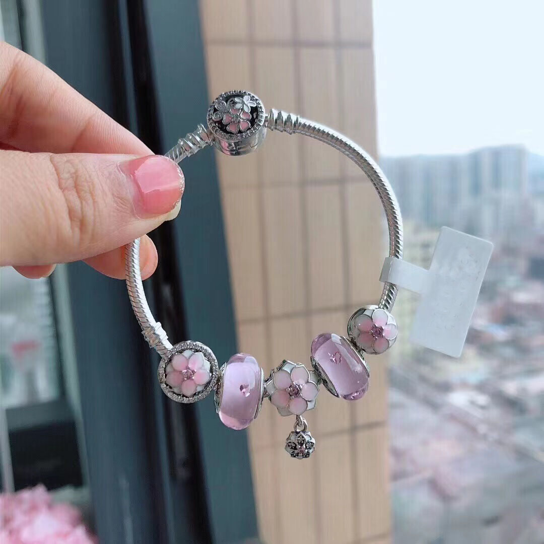 

Pandora Bangle Bracelets for women 925 Silver Magnolia Flower Beaded Classic Buttonhead Base Snake Bone Chain Pink Glaze Bead Bracelet Send Girlfriend Gift
