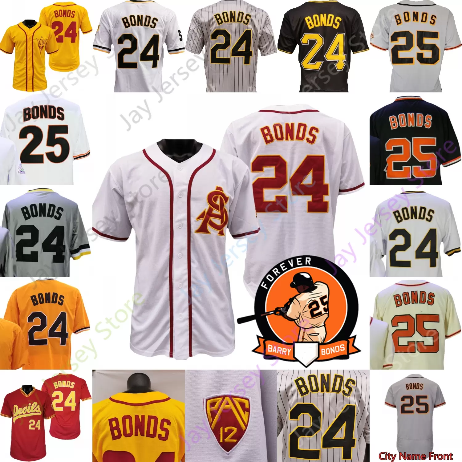 

CUSTOM Barry Bonds Jersey Vintage Grey Pinstripe 24 25 Home Away Yellow Retro Black Cream ASU White Button Person Patch Pullover Size S-3XL, 25 black retro